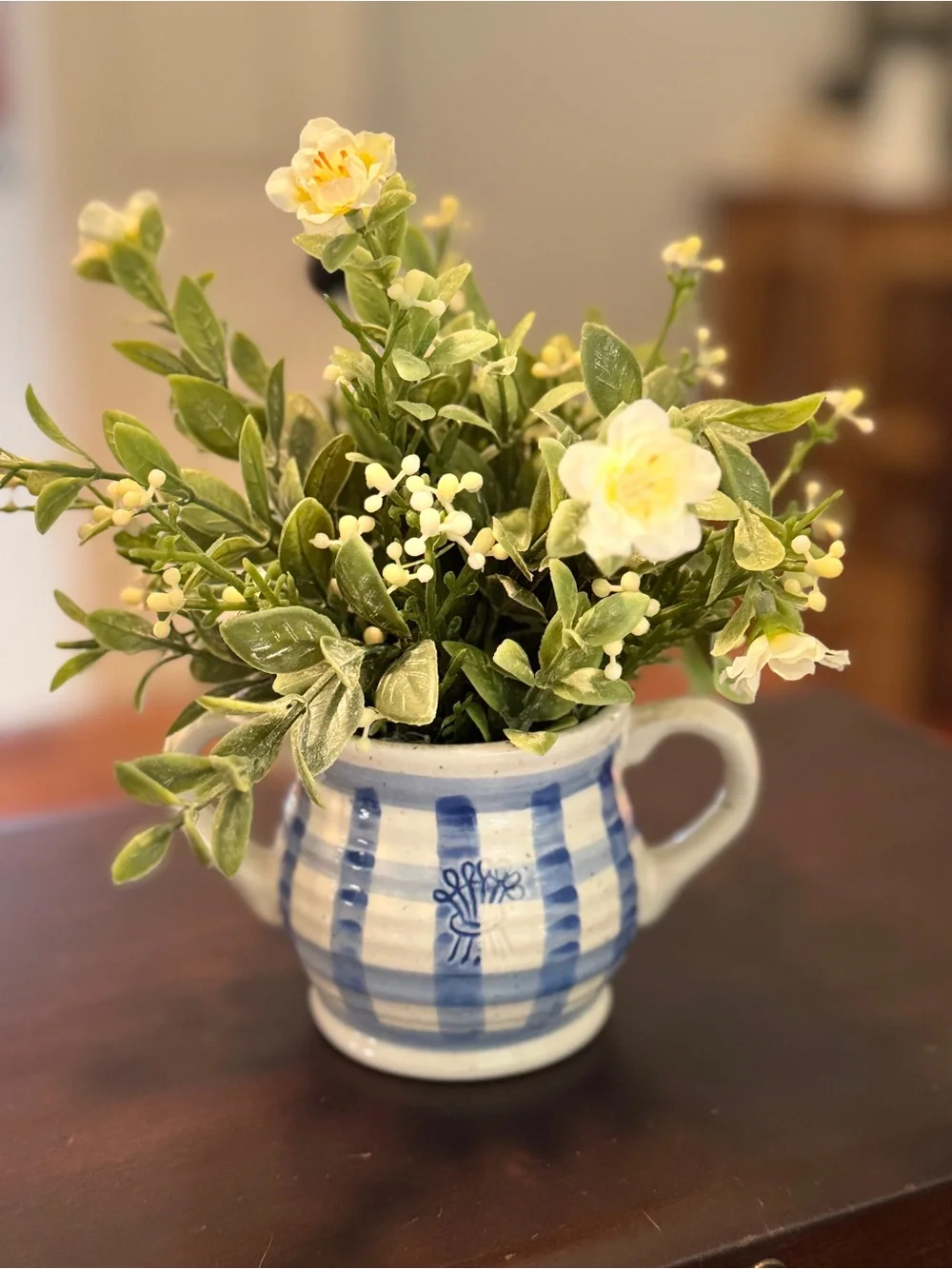 Classic Blue & White Striped Ceramic Handles Planter/Vase With Flowers